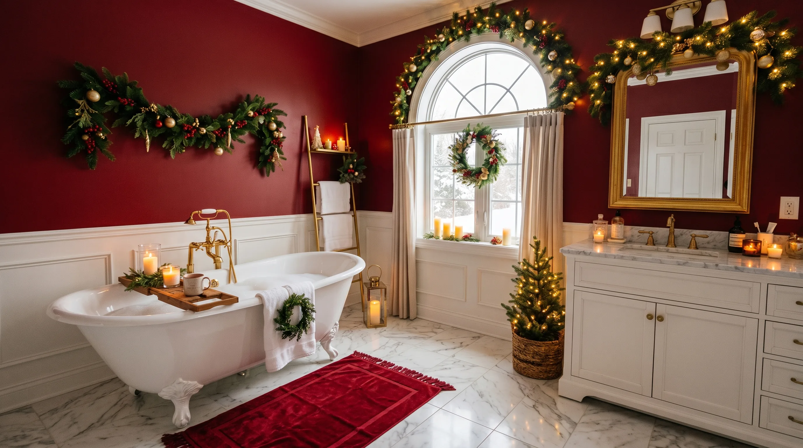 Festive red bathroom decor creating a bold and lively statement.