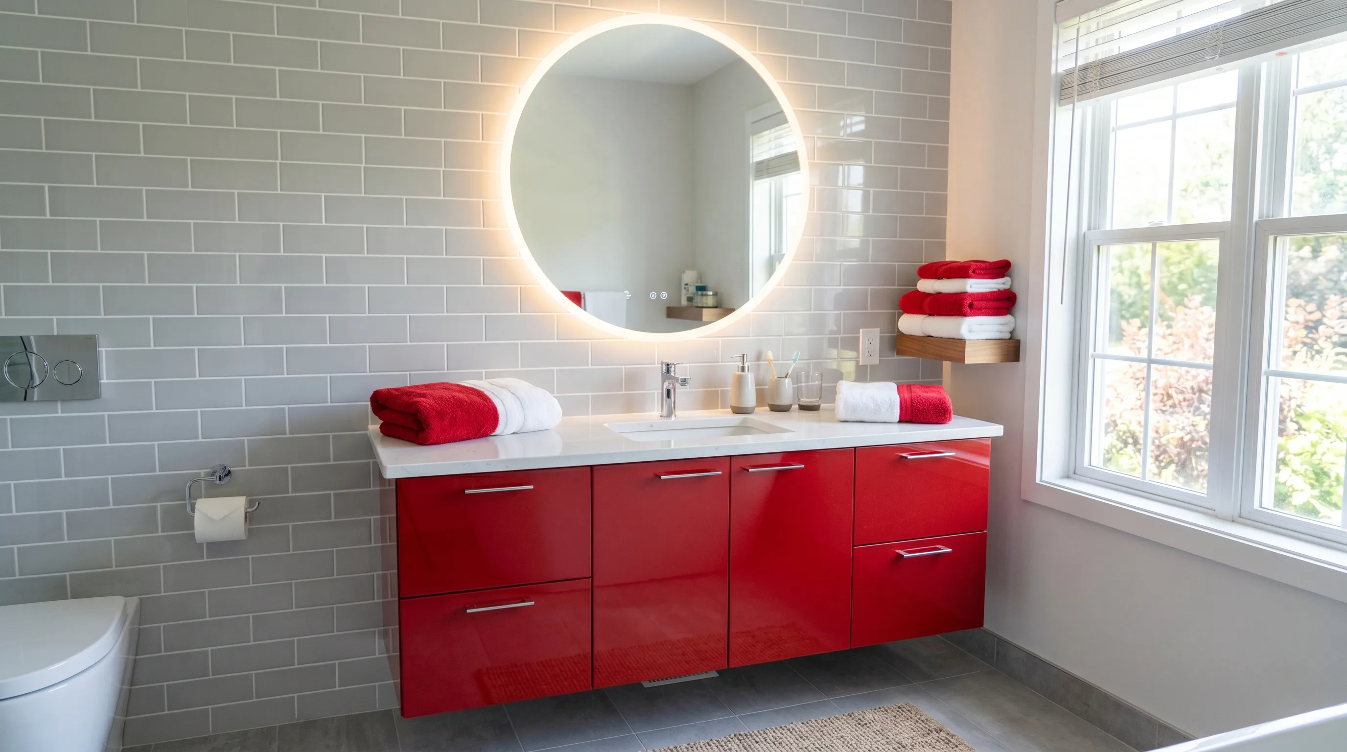 Red vanity bringing instant energy to a festive bathroom.
