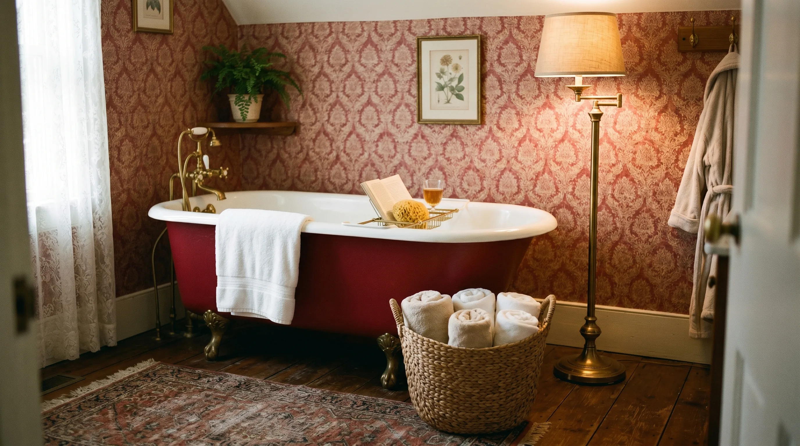 Festive red bathroom decor balanced by bright white walls.