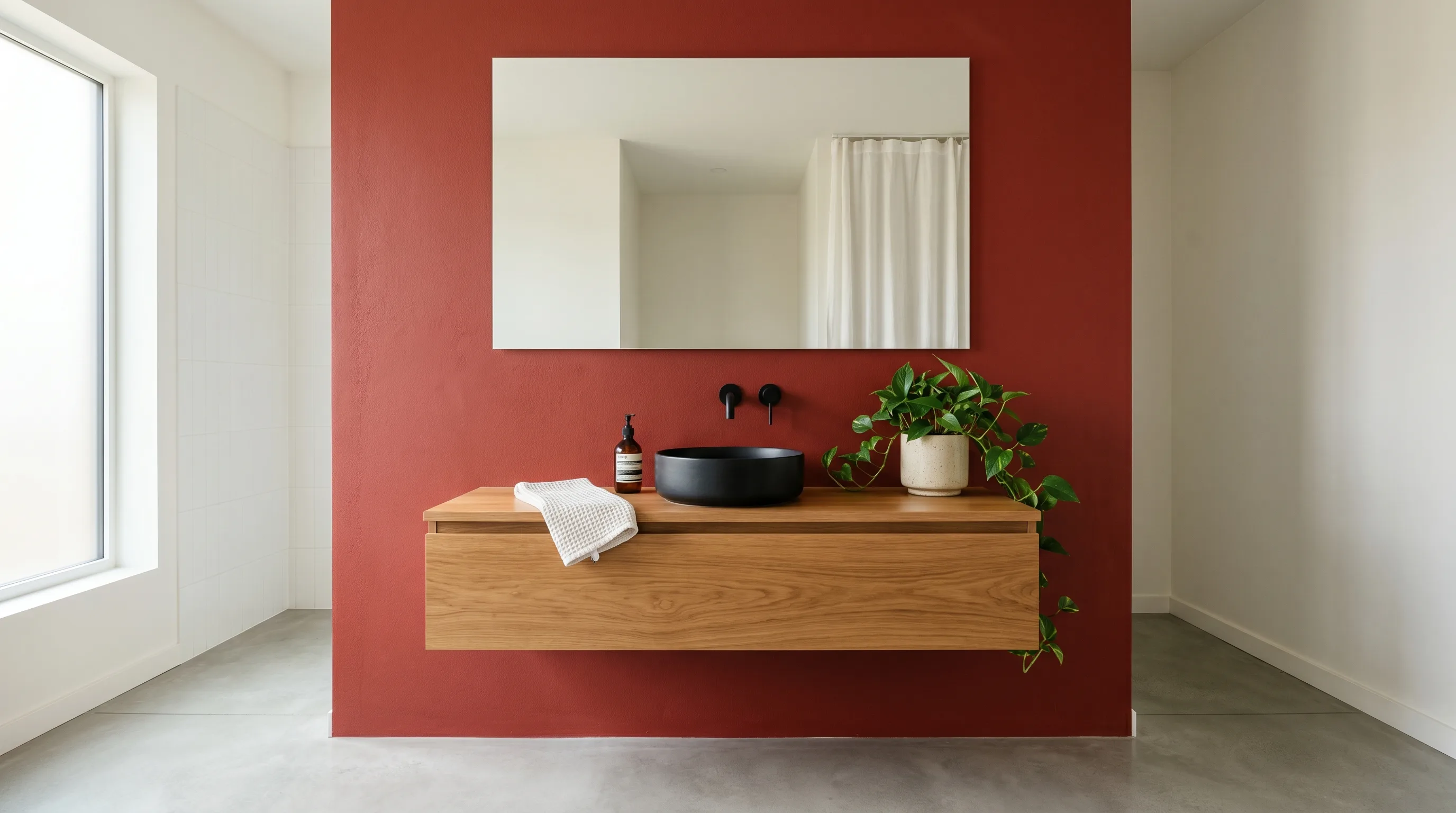 Red textiles softening a bold festive bathroom scheme.
