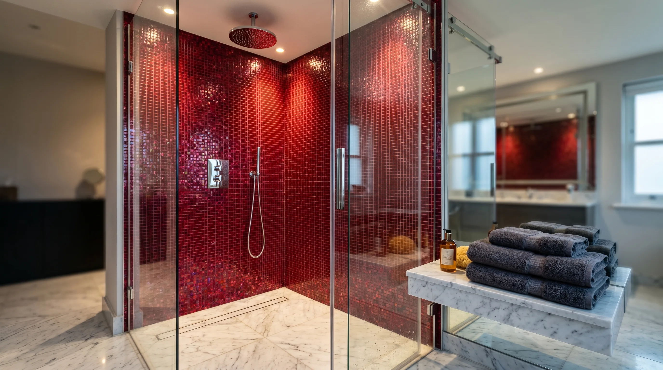 Brass accents making festive red bathroom decor feel richer.