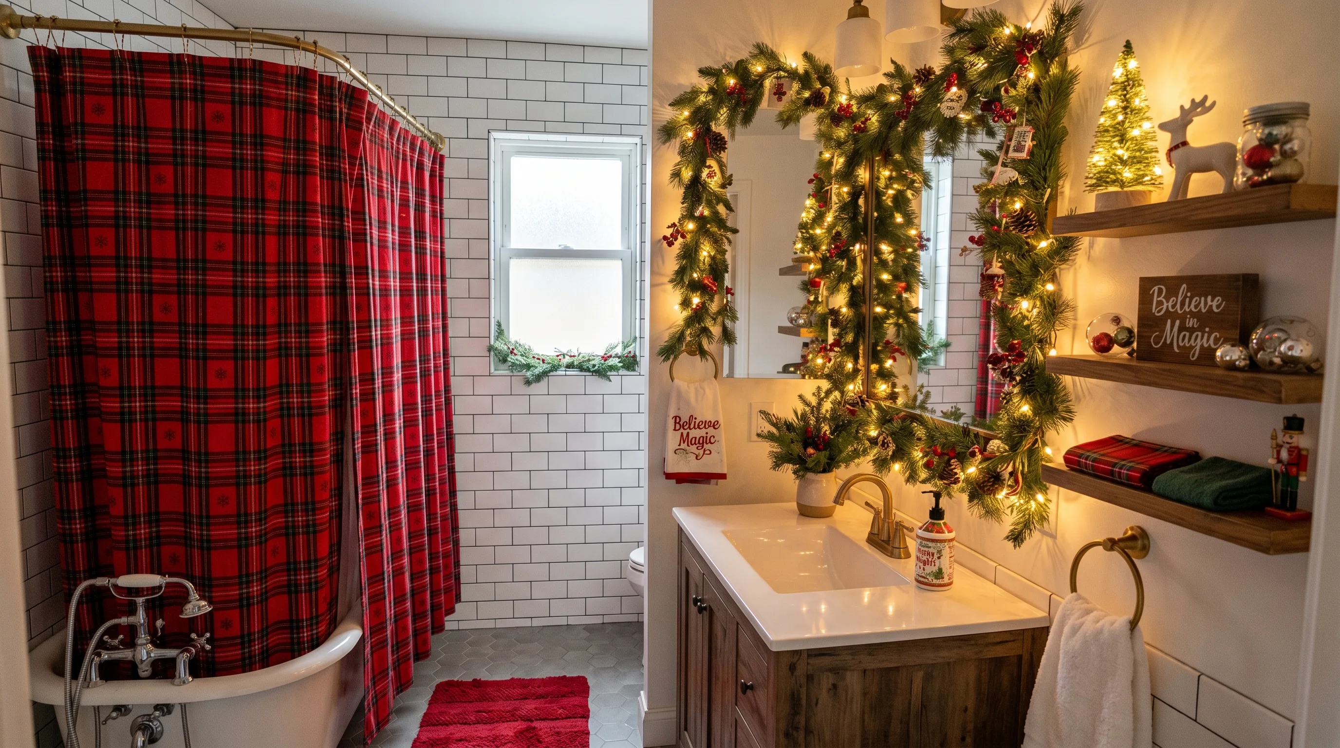 Patterned festive red bathroom decor adding playful style.