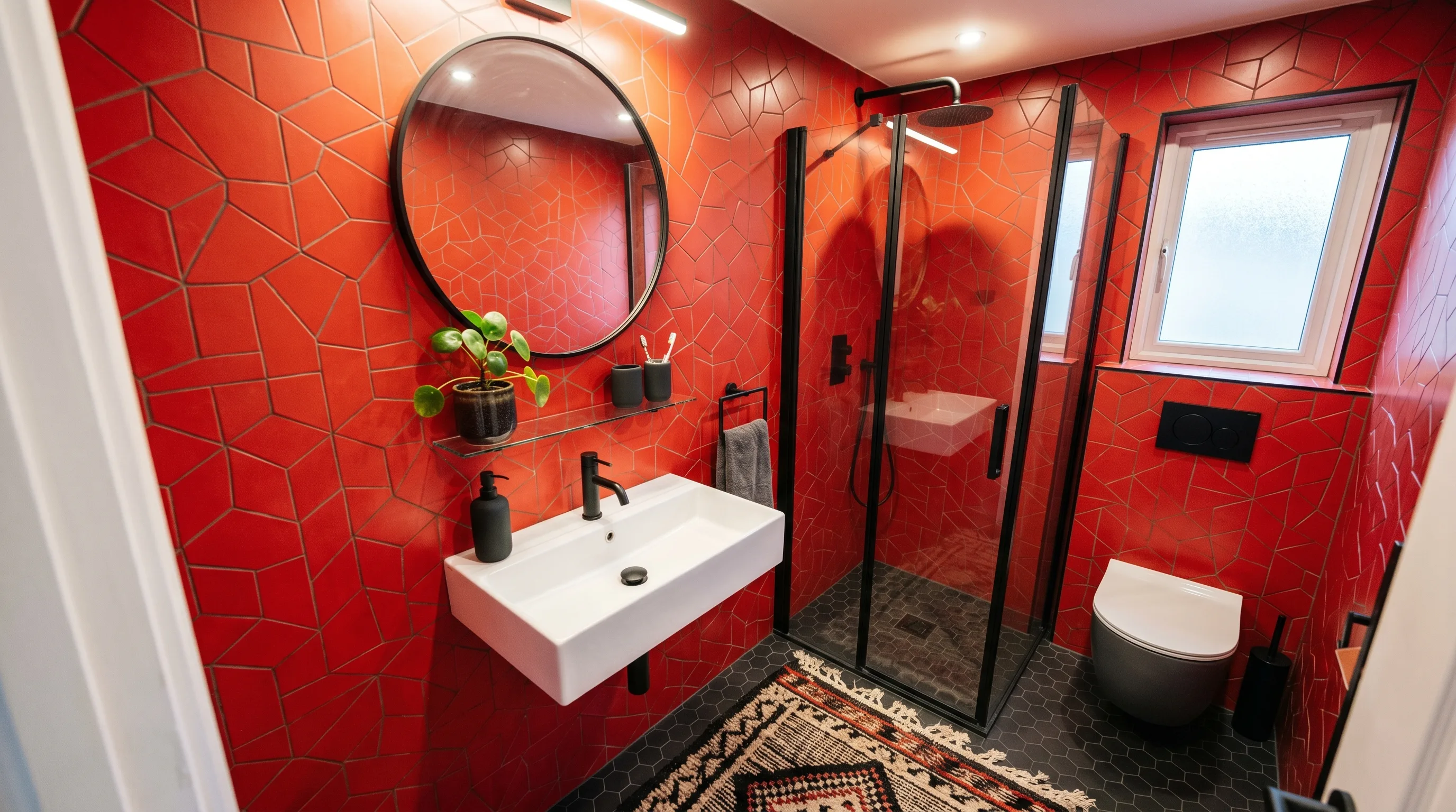 Natural wood grounding festive red bathroom decor.
