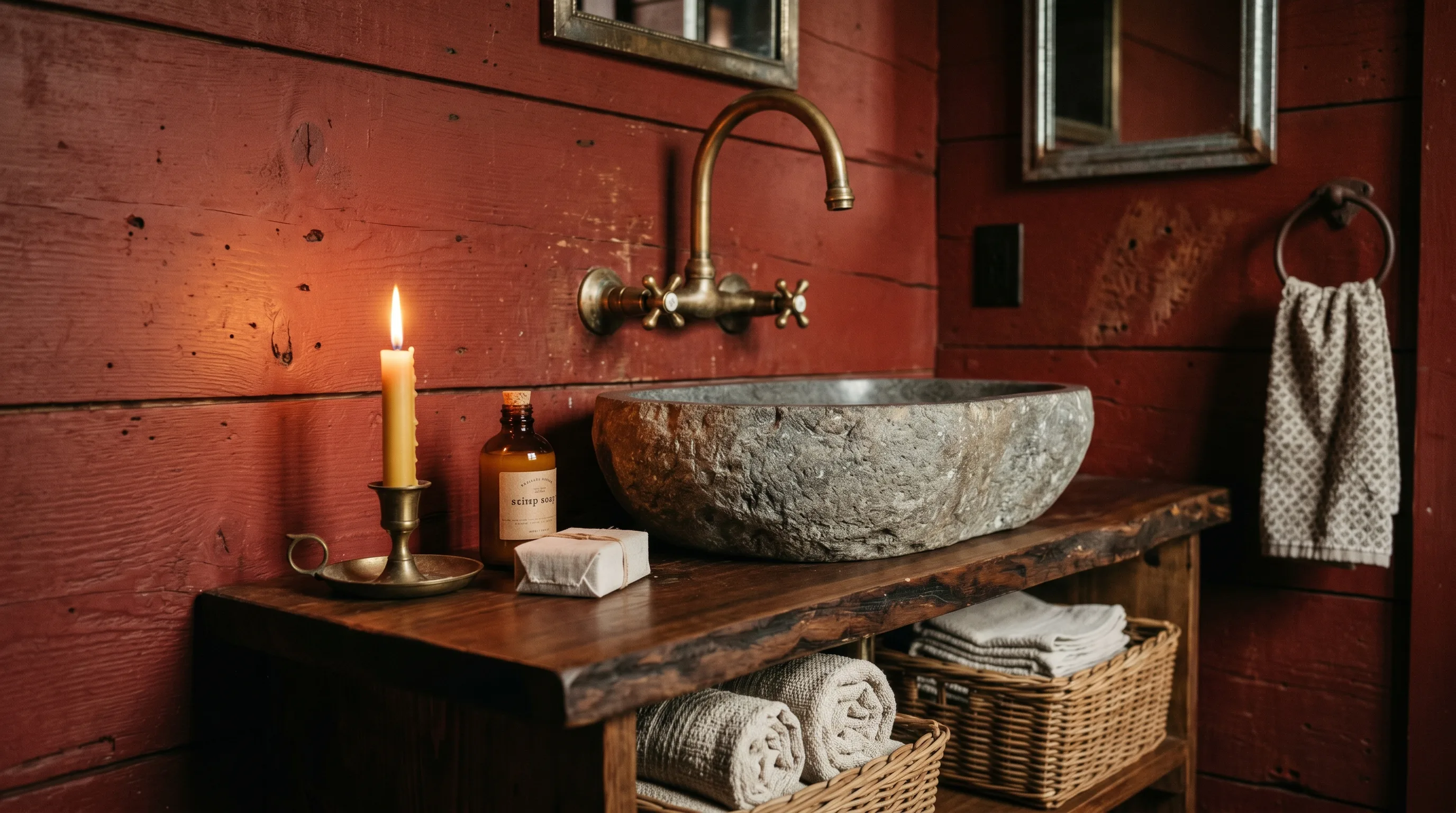 Black details creating contrast in a festive red bathroom.