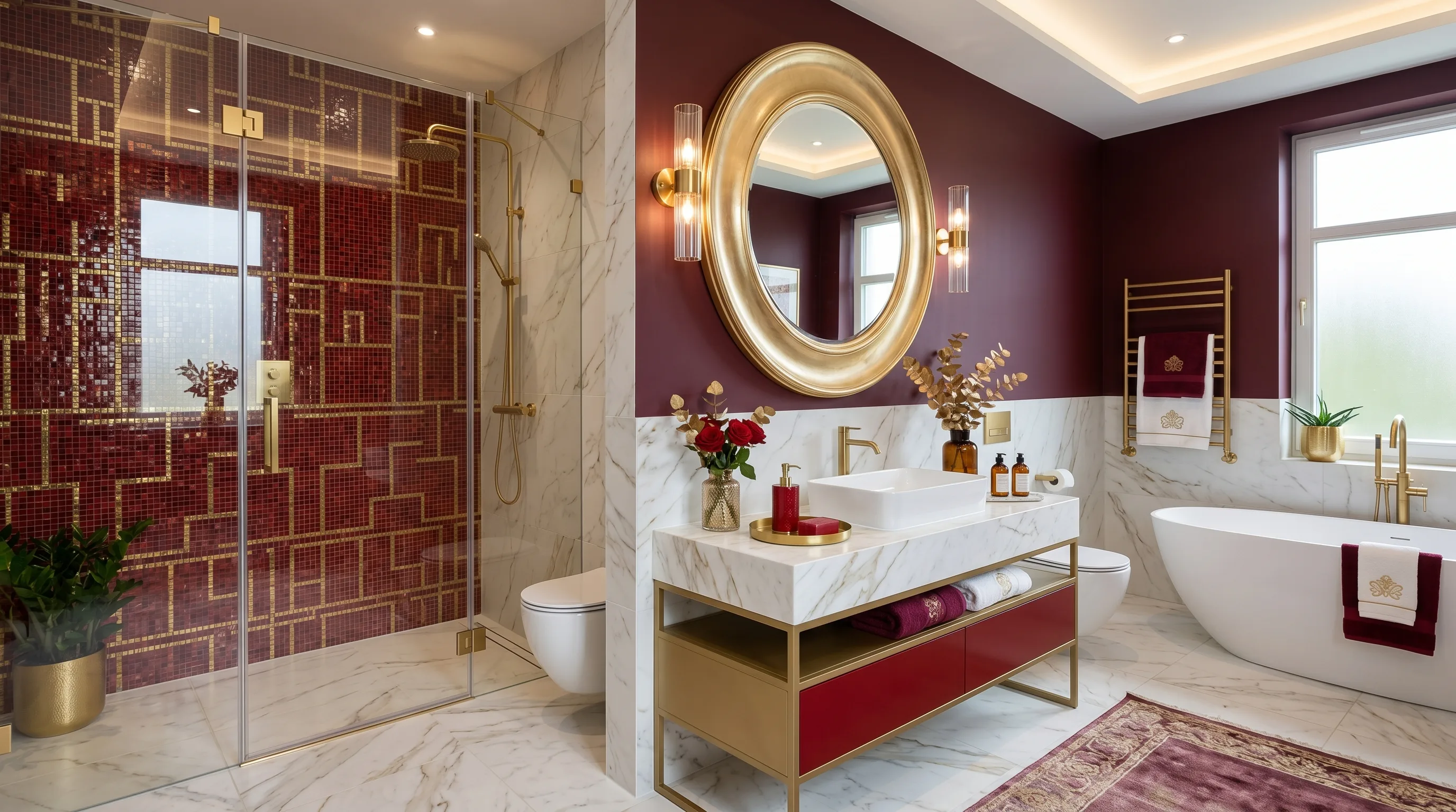 Edited festive red bathroom styling with purposeful decor.