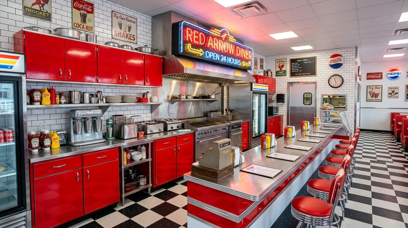 Fire-Engine Red Kitchen Cabinets Ideas for a Bold Retro Diner in a thoughtfully styled kitchen.