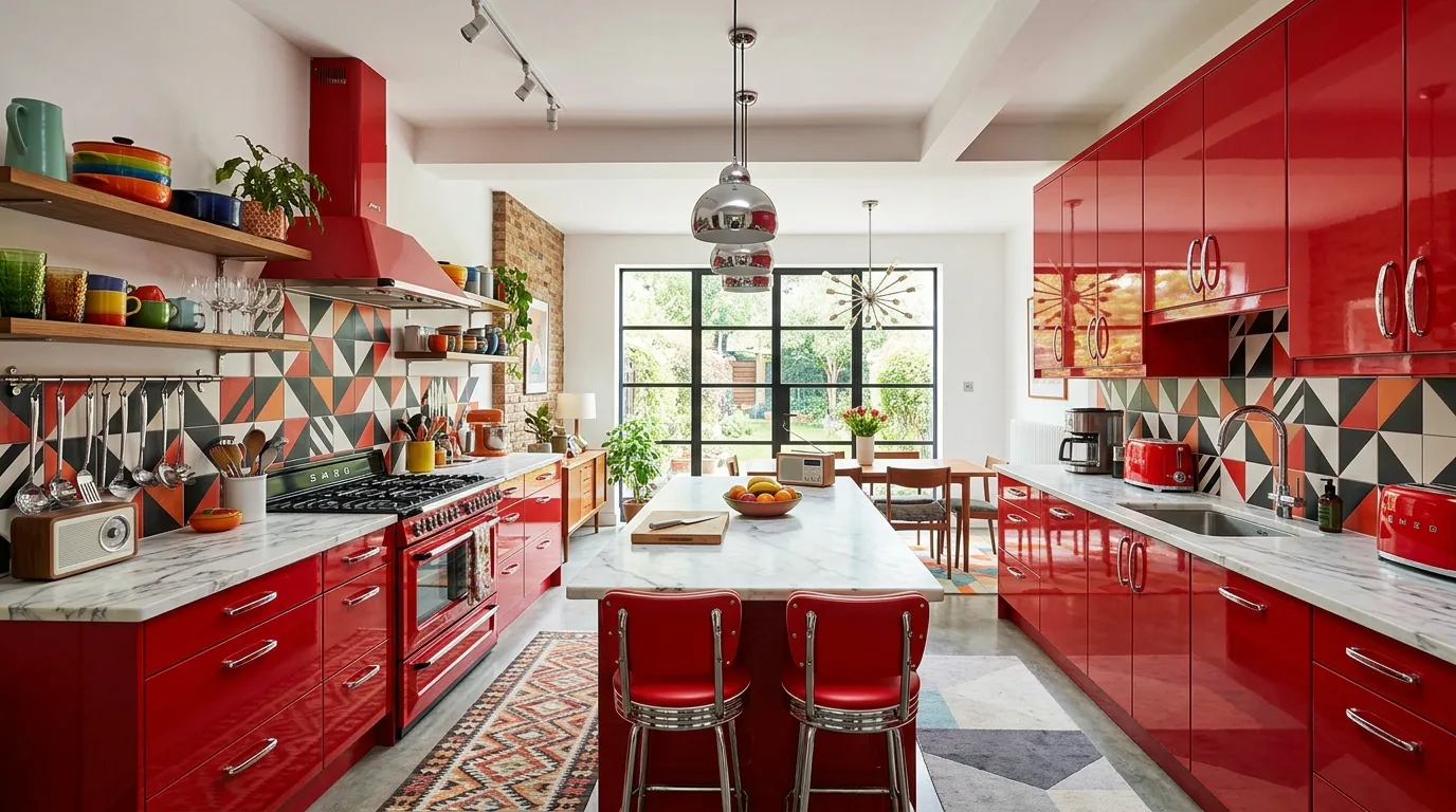 let texture add more depth in a kitchen inspired by fire engine red bold.