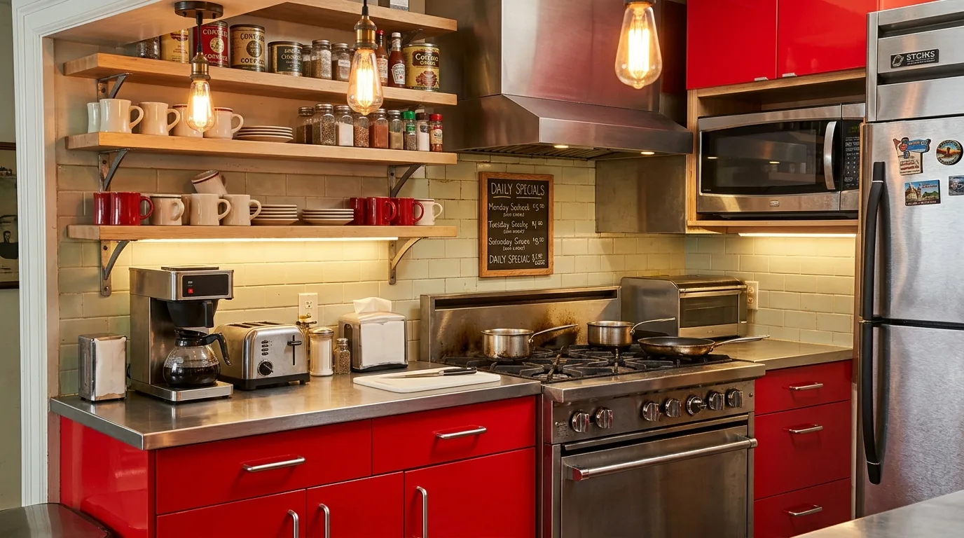 keep hardware and details intentional in a kitchen inspired by fire engine red bold.