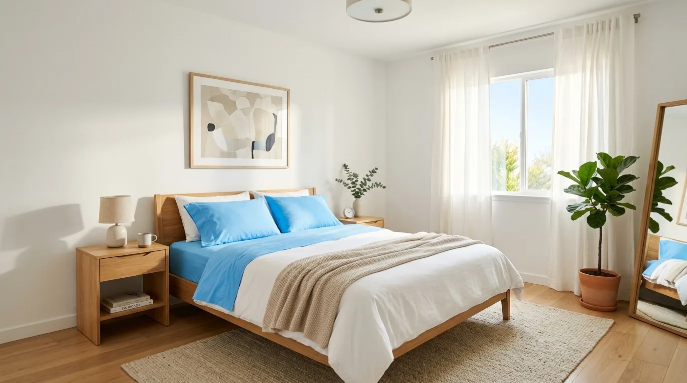 Fresh blue sheets styled on a crisp layered bed in a bright bedroom.