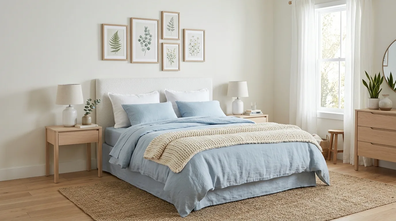 Soft blue sheets with layered linen bedding in a calm bedroom.