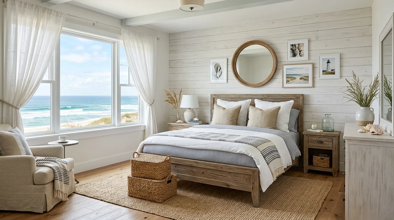 Pale blue sheets on a light oak bed frame in an airy bedroom.