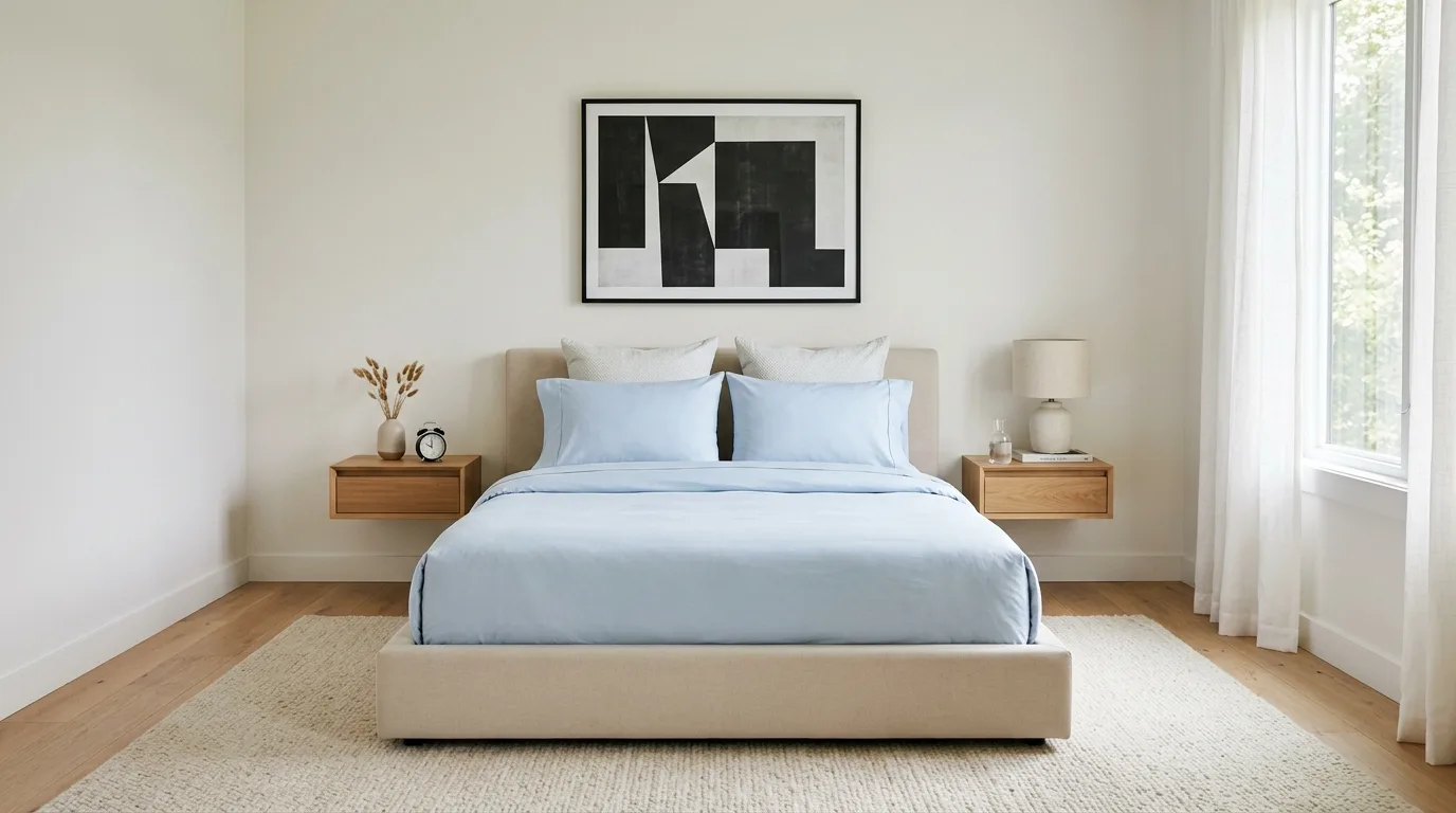 Blue sheets beneath a cream quilt in a softly layered bedroom.