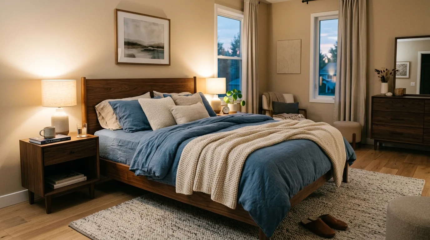Blue sheets styled with charcoal pillows in a modern bedroom.