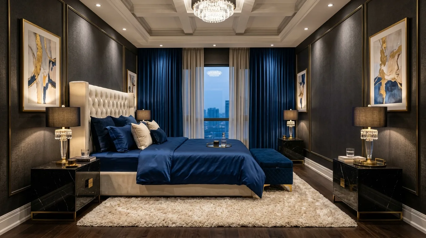 Fresh coastal bedroom with blue sheets, white bedding, and woven details.