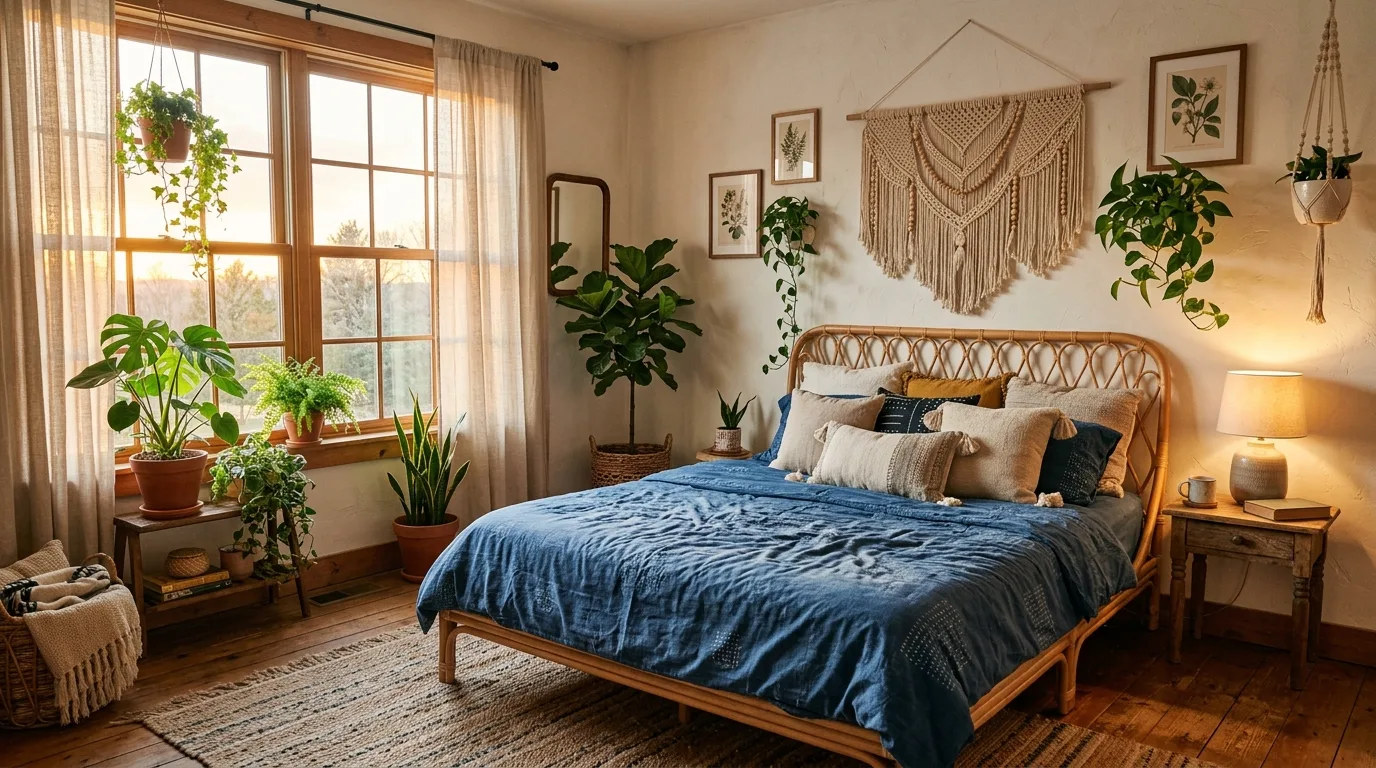 Deep blue sheets on a moodier layered bed with warm lighting.