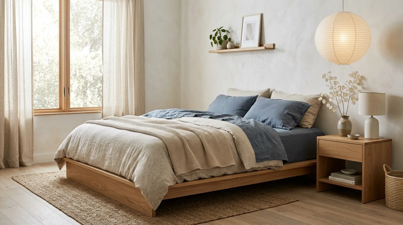 Blue sheets styled with a patterned throw at the foot of the bed.