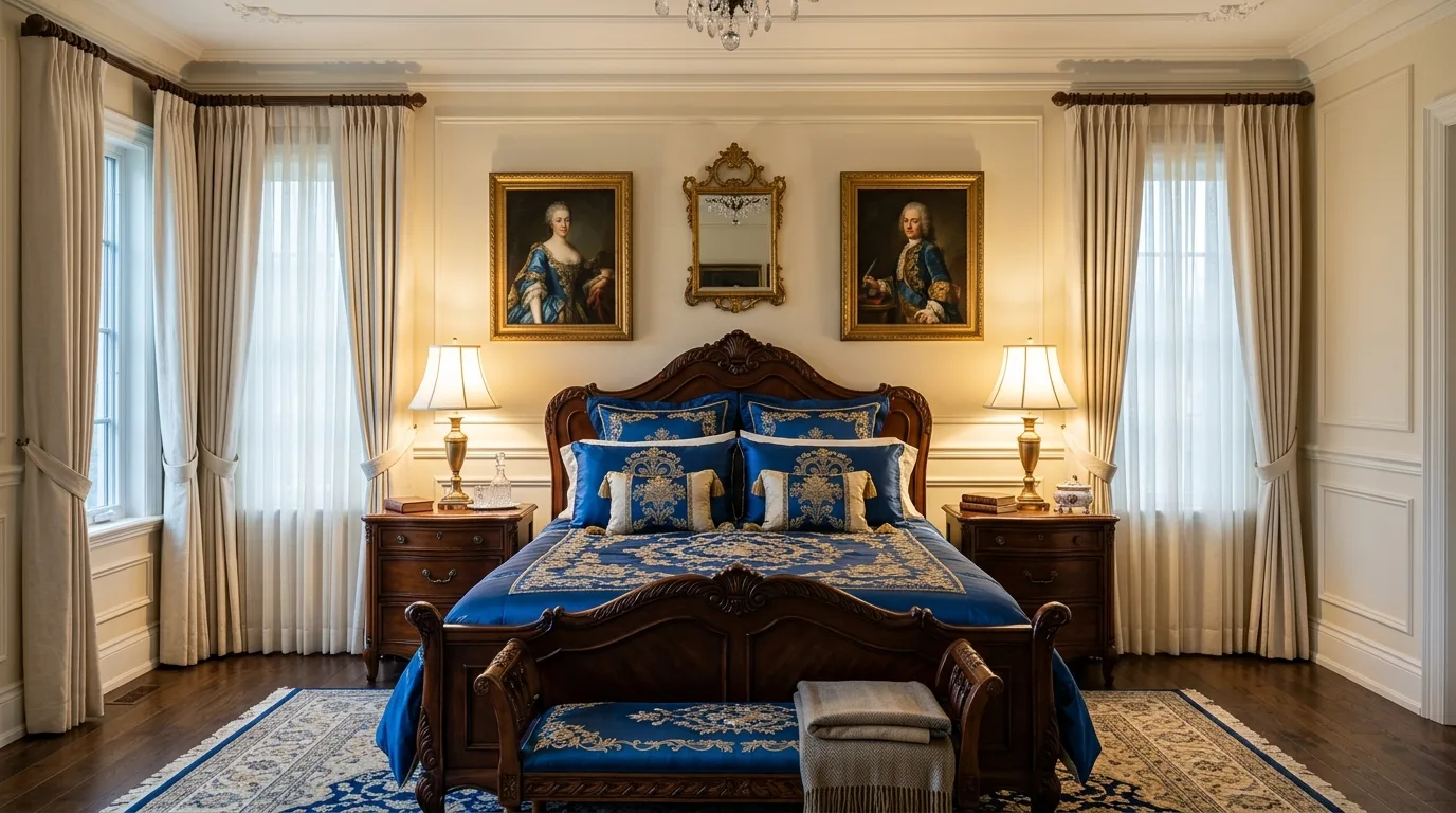 Blue sheets with warm beige pillows and bedding accents in a calm bedroom.