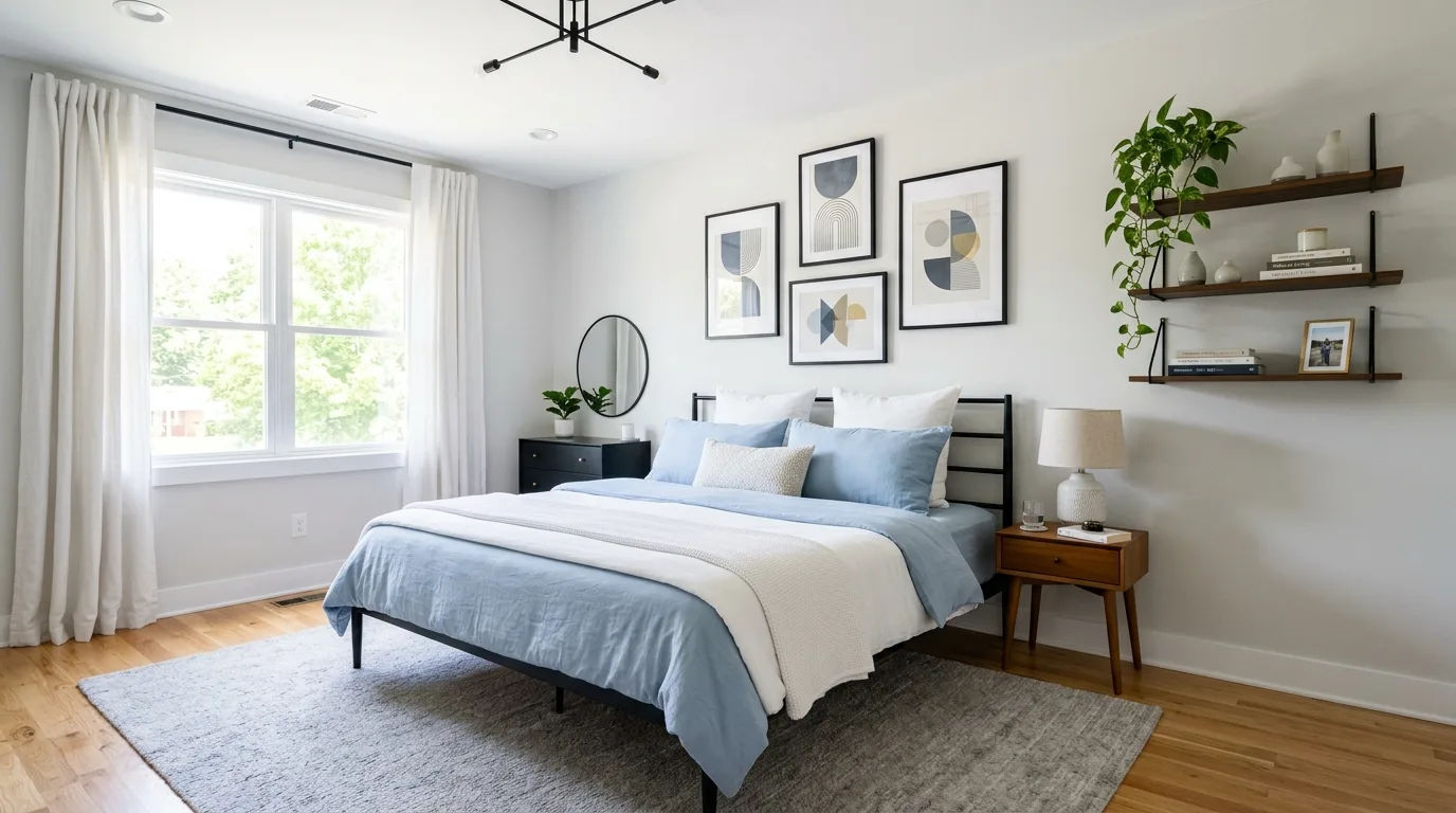 Minimal bedroom with blue sheets and restrained clean styling.