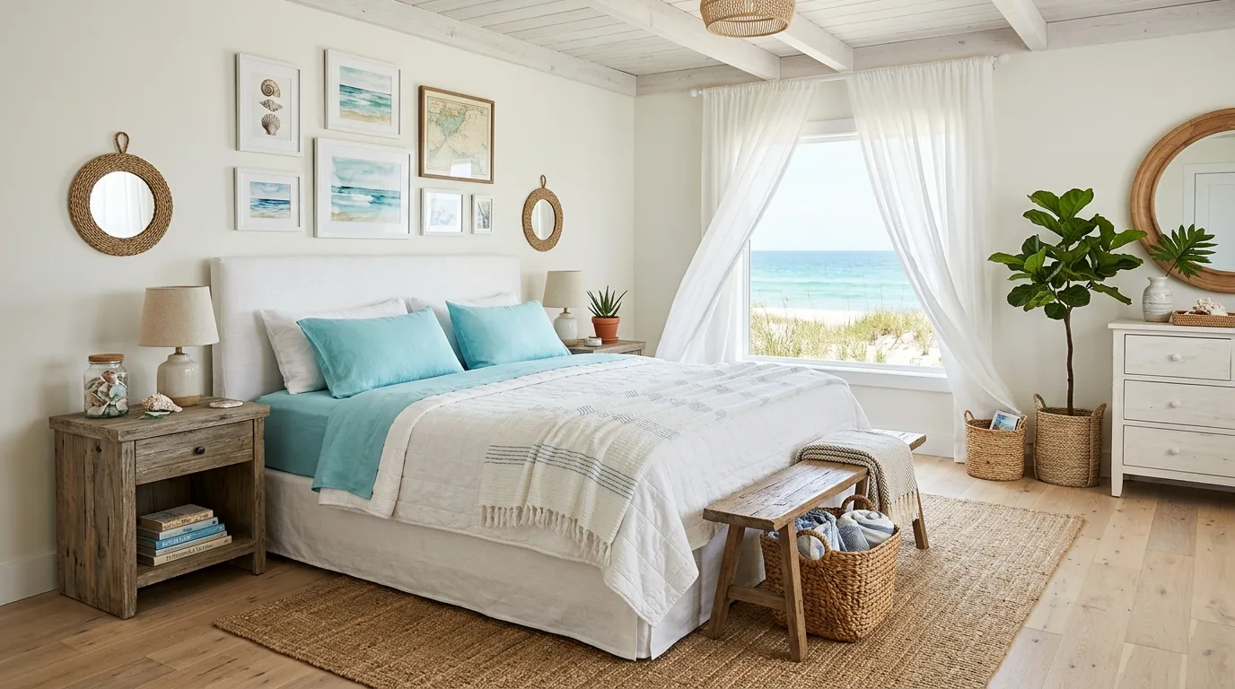 Blue sheets with a soft grey upholstered headboard in a relaxed bedroom.