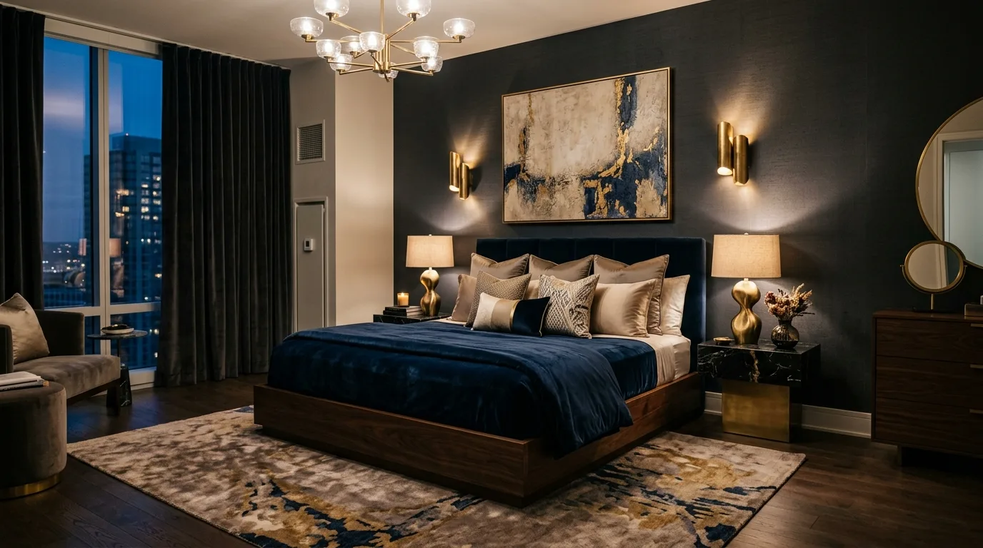 Beautifully styled blue sheets on a finished layered bed in a bright bedroom.