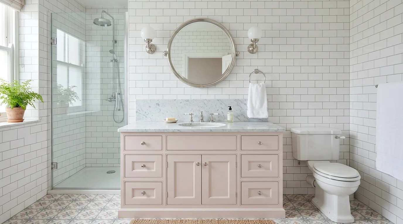 start with the main color or material story in a bathroom inspired by fresh pink white clean.