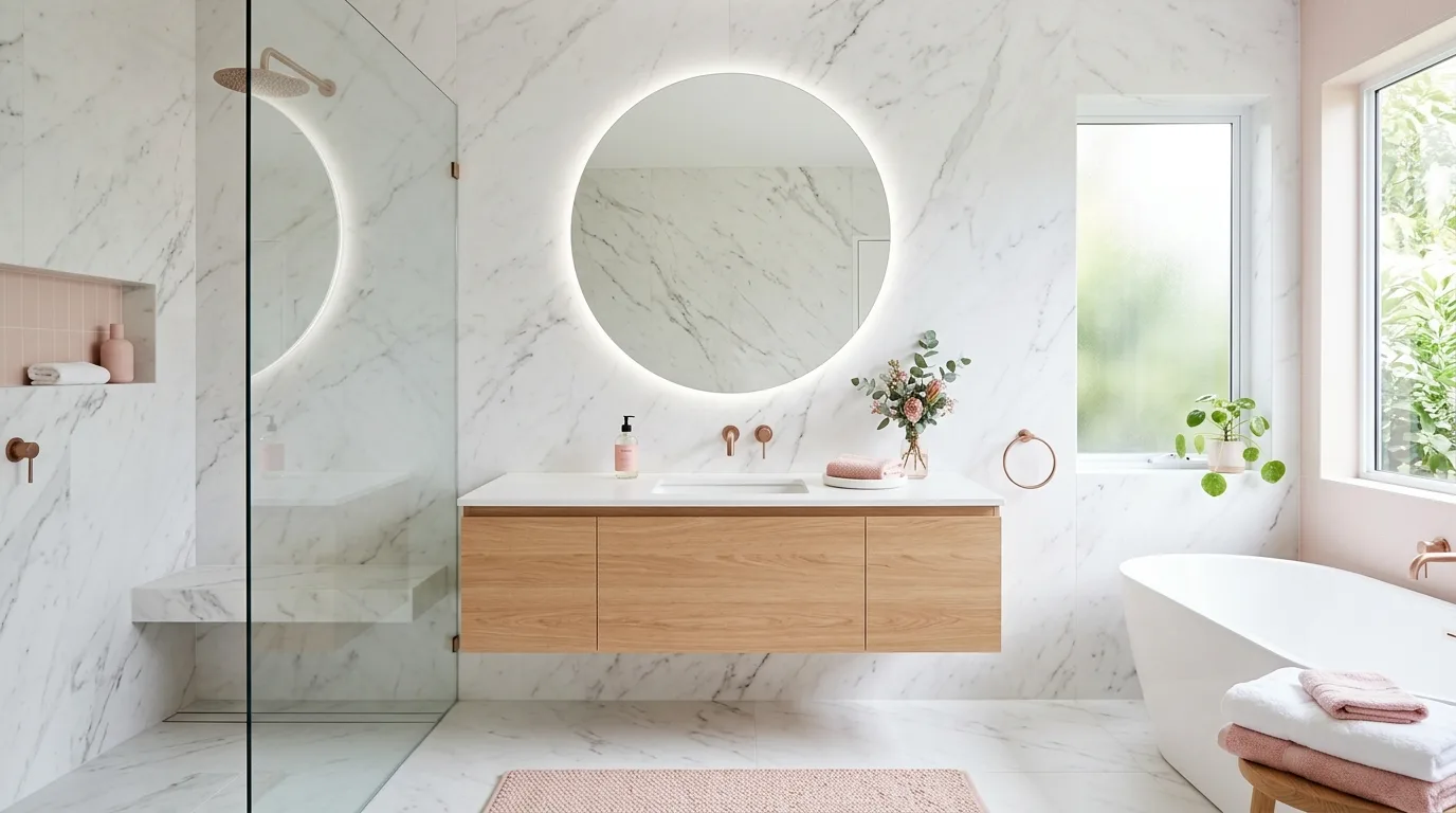pair it with finishes that support the mood in a bathroom inspired by fresh pink white clean.