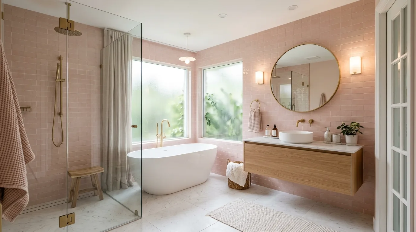 use lighting to bring the space to life in a bathroom inspired by fresh pink white clean.