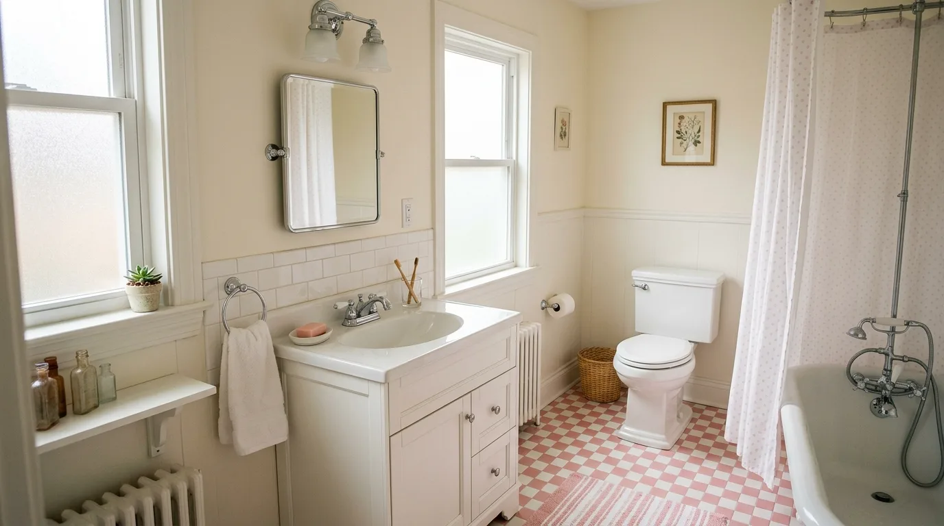 add texture for more depth in a bathroom inspired by fresh pink white clean.