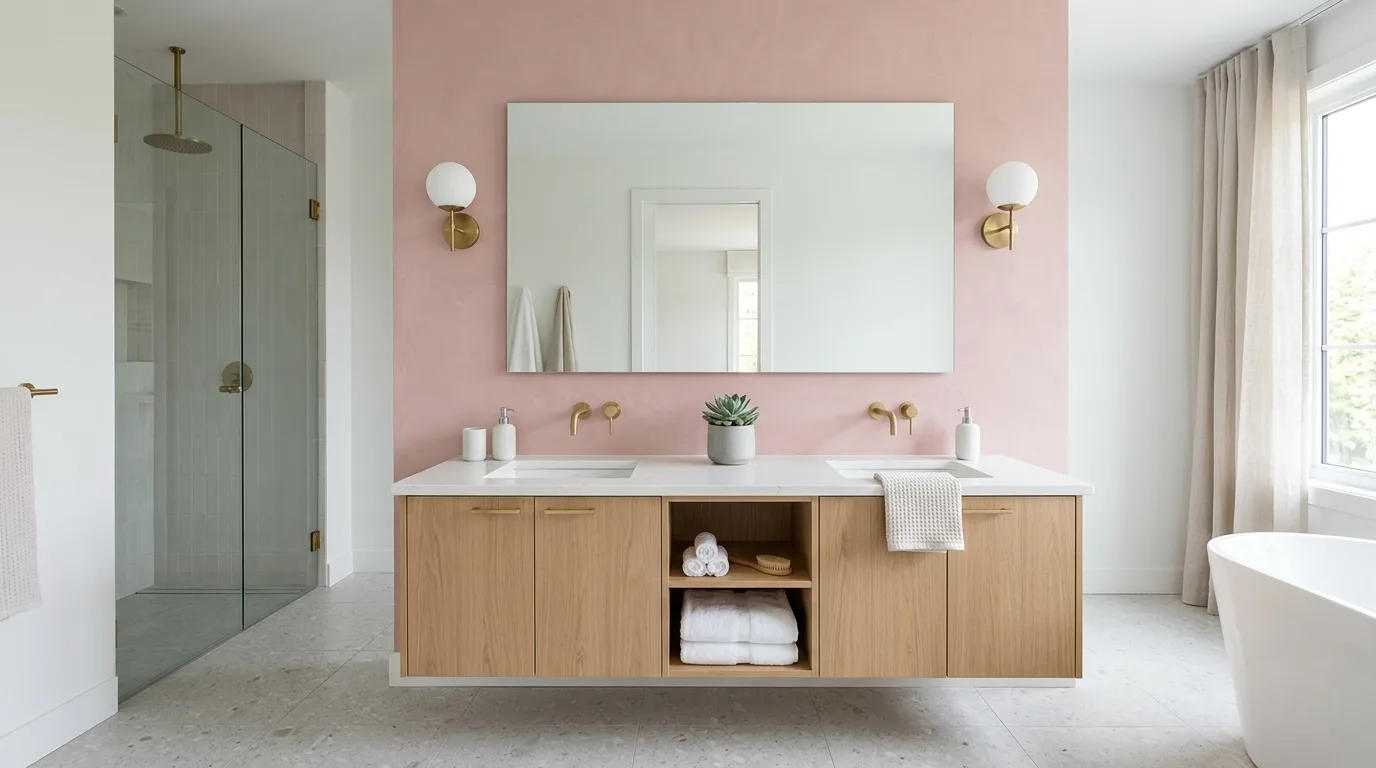 keep fixtures and lines thoughtful in a bathroom inspired by fresh pink white clean.