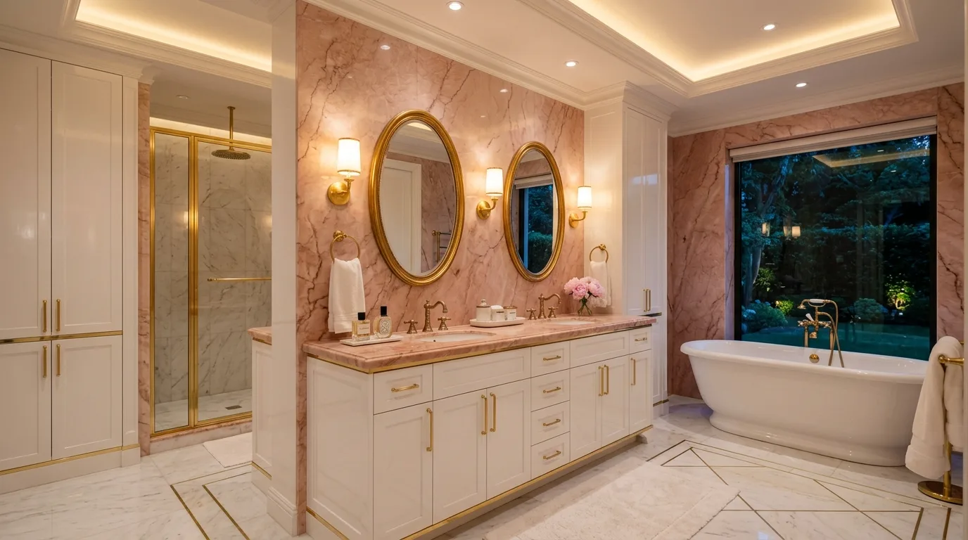 balance boldness with breathing room in a bathroom inspired by fresh pink white clean.