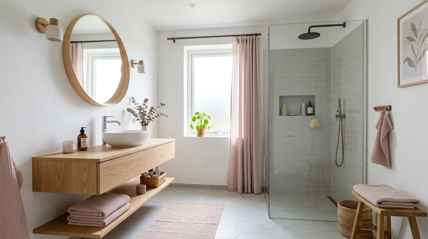 use decor that reinforces the look in a bathroom inspired by fresh pink white clean.