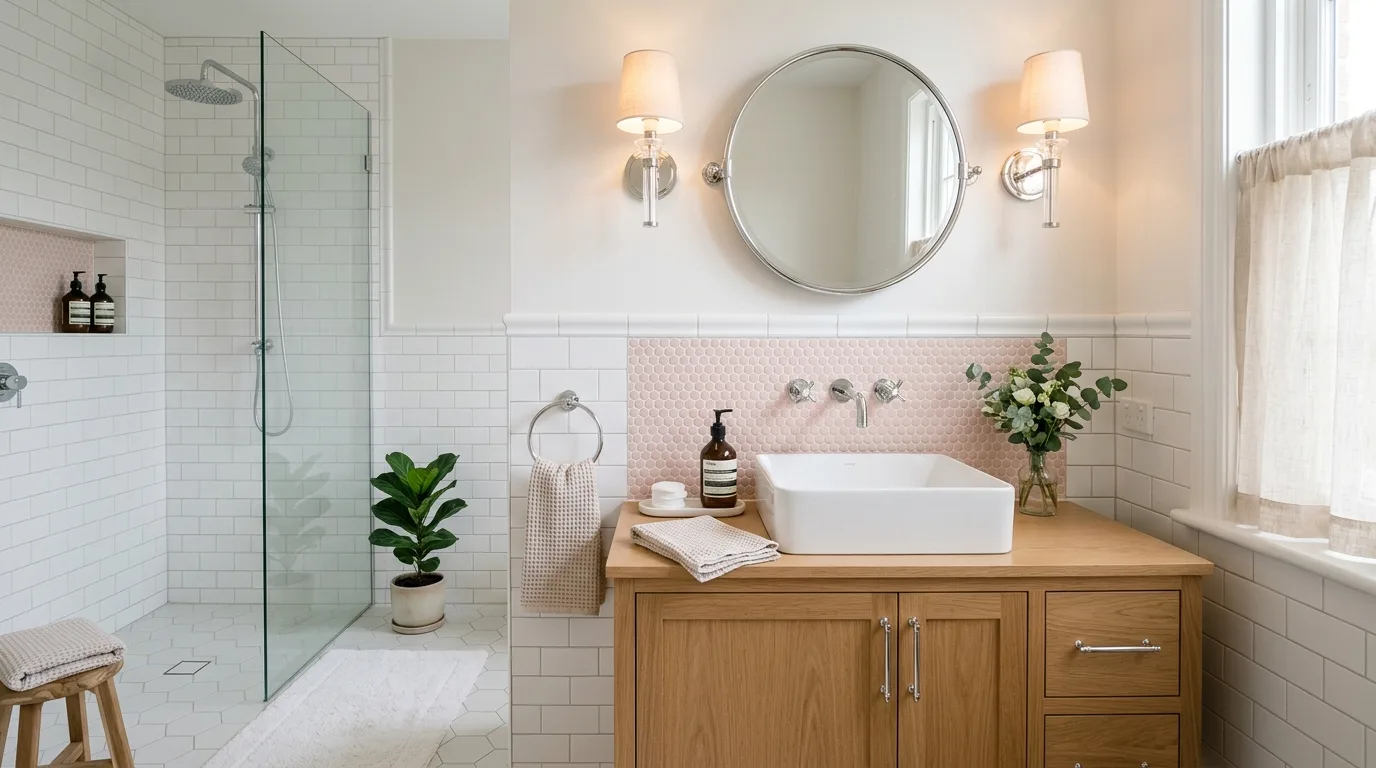 create a bathroom that feels complete in a bathroom inspired by fresh pink white clean.