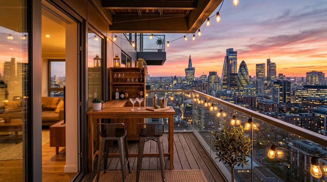 Fun Apartment Balcony Bar Ideas for Sunset Happy Hours in a thoughtfully styled balcony.