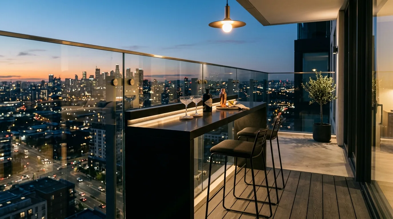 add texture for comfort and warmth in a balcony inspired by fun bar sunset happy.