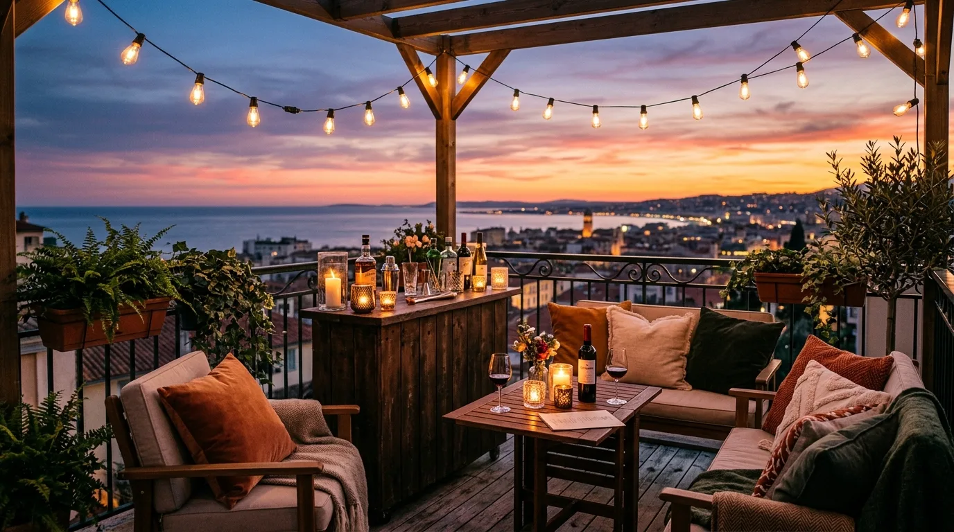 create a balcony that feels complete in a balcony inspired by fun bar sunset happy.