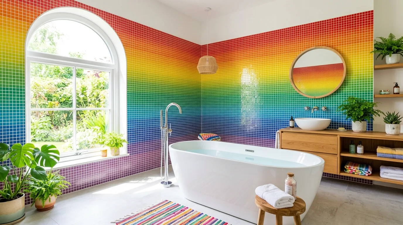Rainbow bathroom full of dopamine decor and playful color.