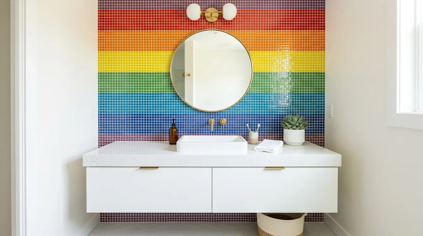 Organized rainbow color layout in a bathroom.