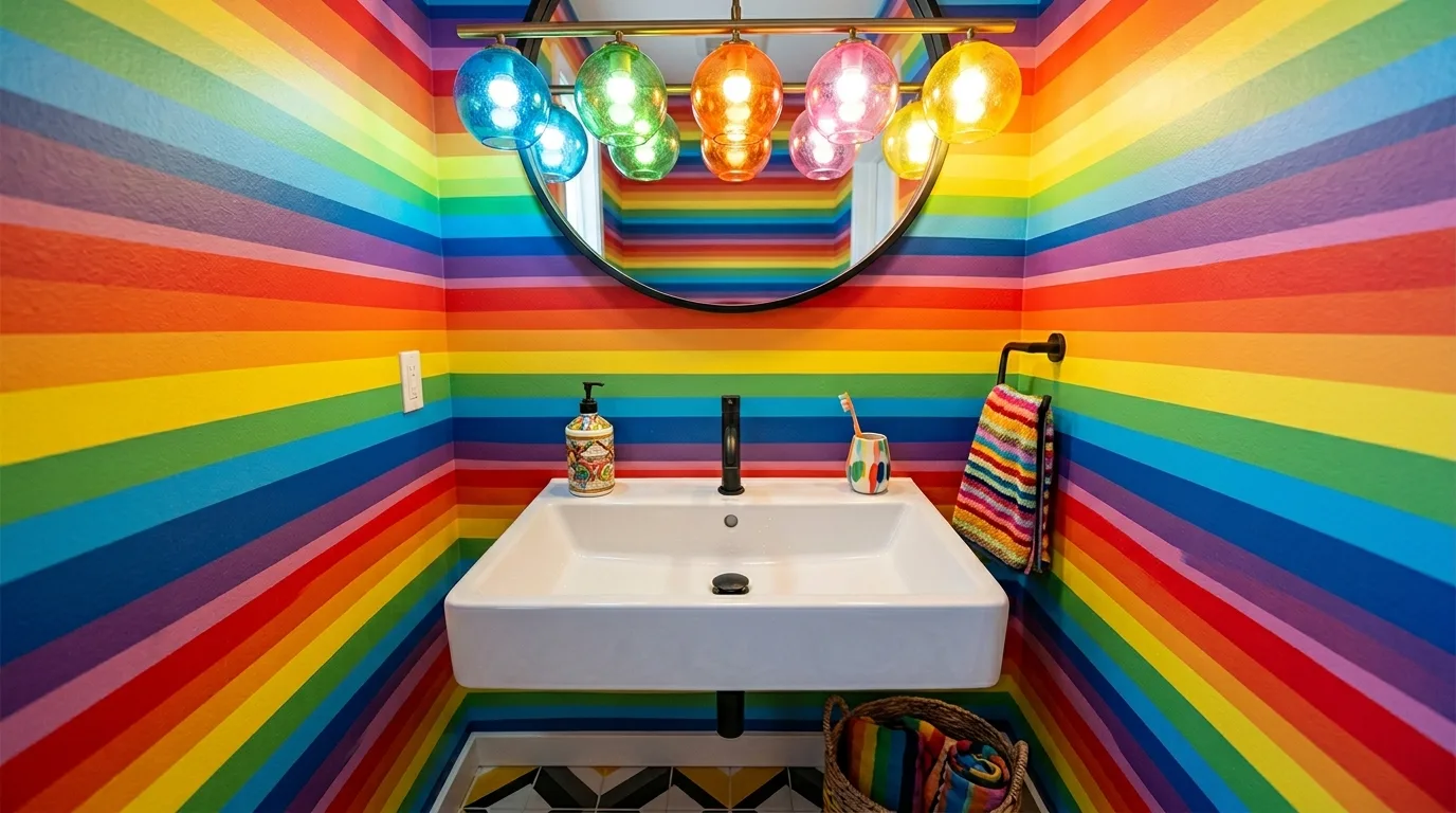 White space helping a rainbow bathroom palette breathe.