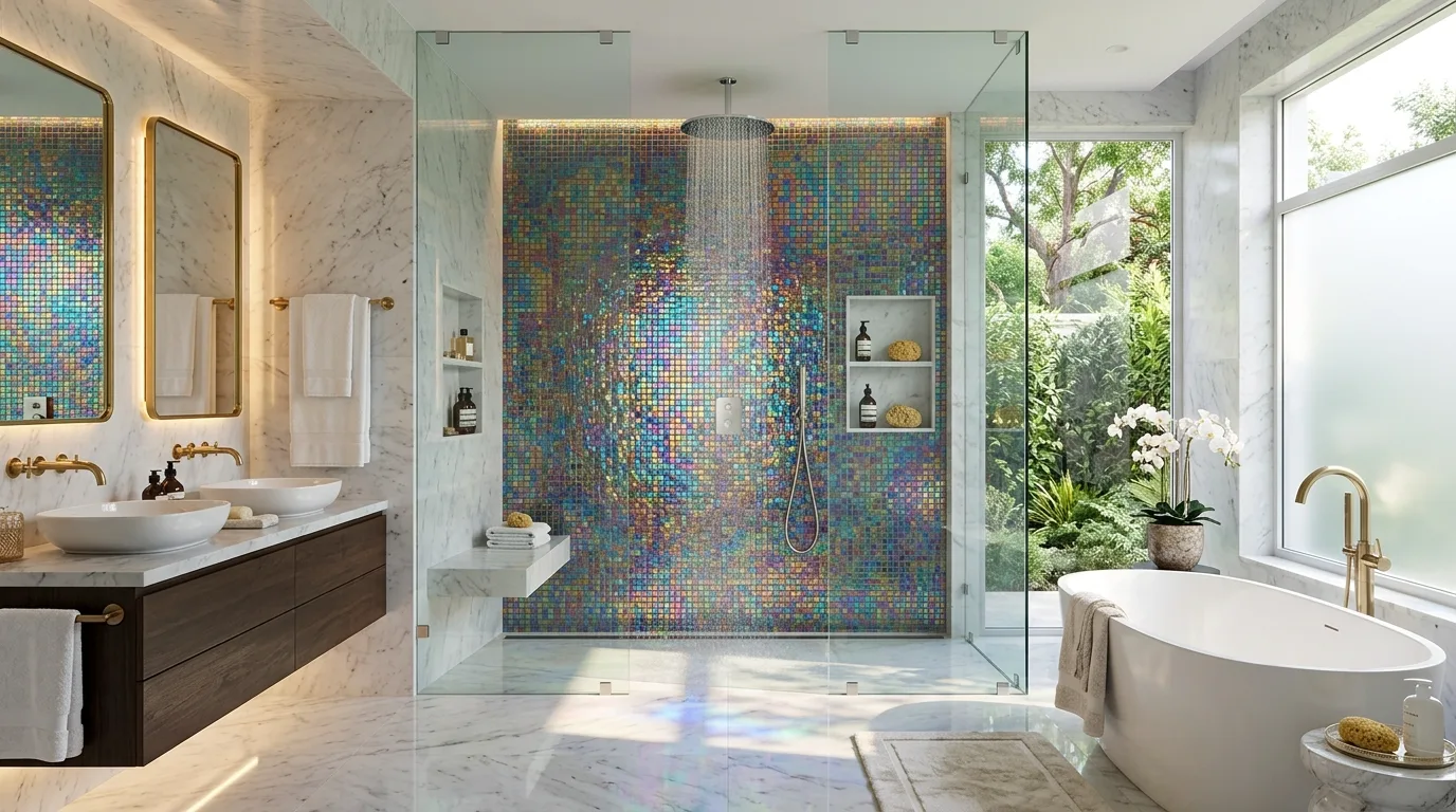 Single rainbow feature leading a colorful bathroom.
