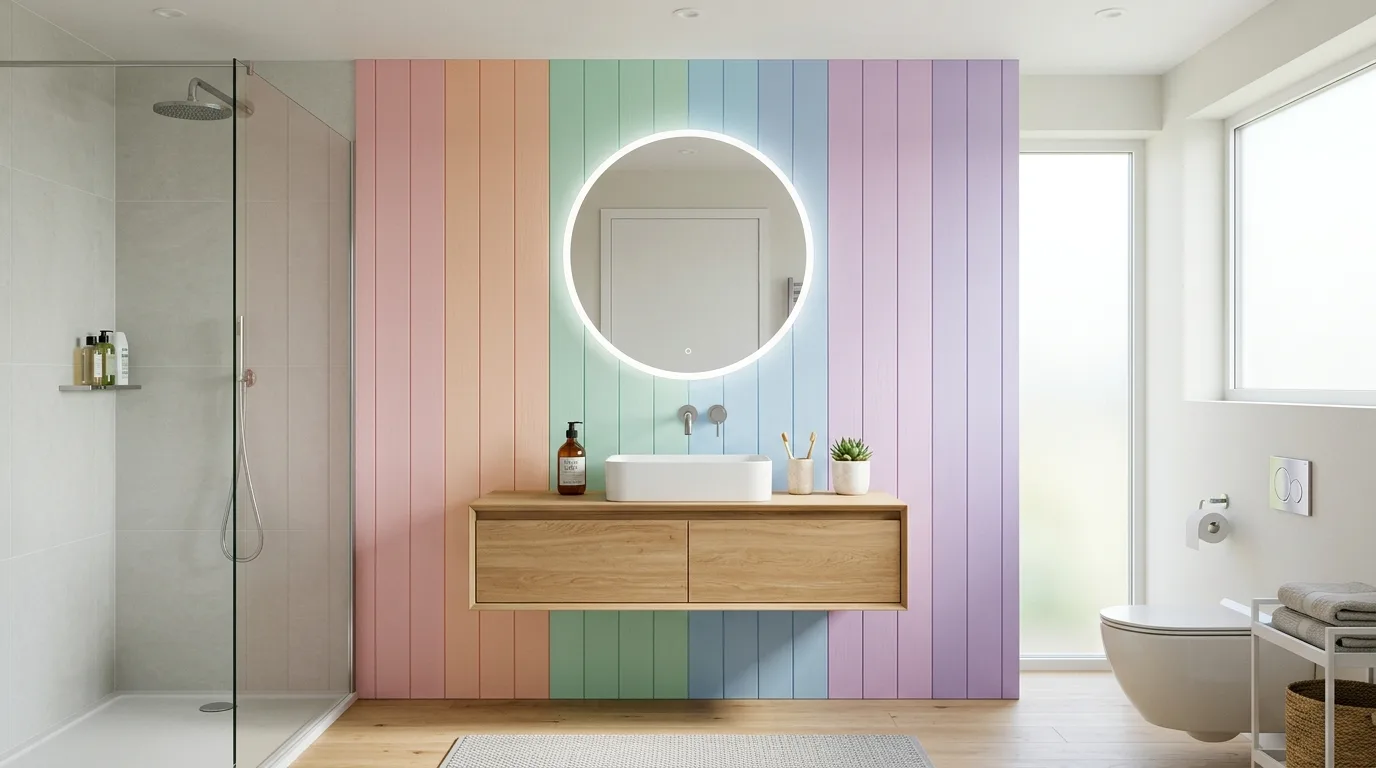 Repeated rainbow tones making a bathroom feel cohesive.