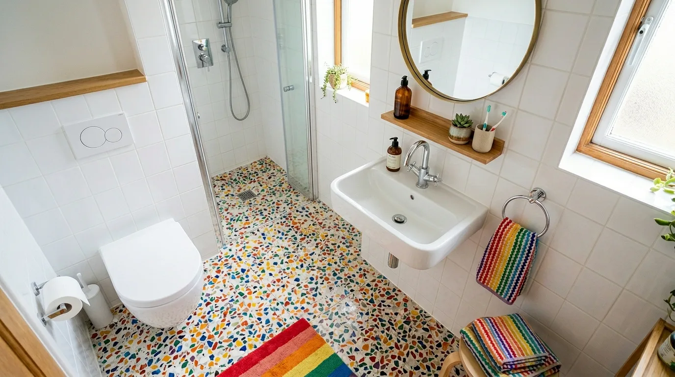 Clean shapes balancing bright rainbow color in a bathroom.