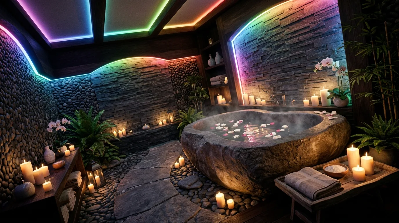 Glossy rainbow tile bringing extra energy to a bathroom.