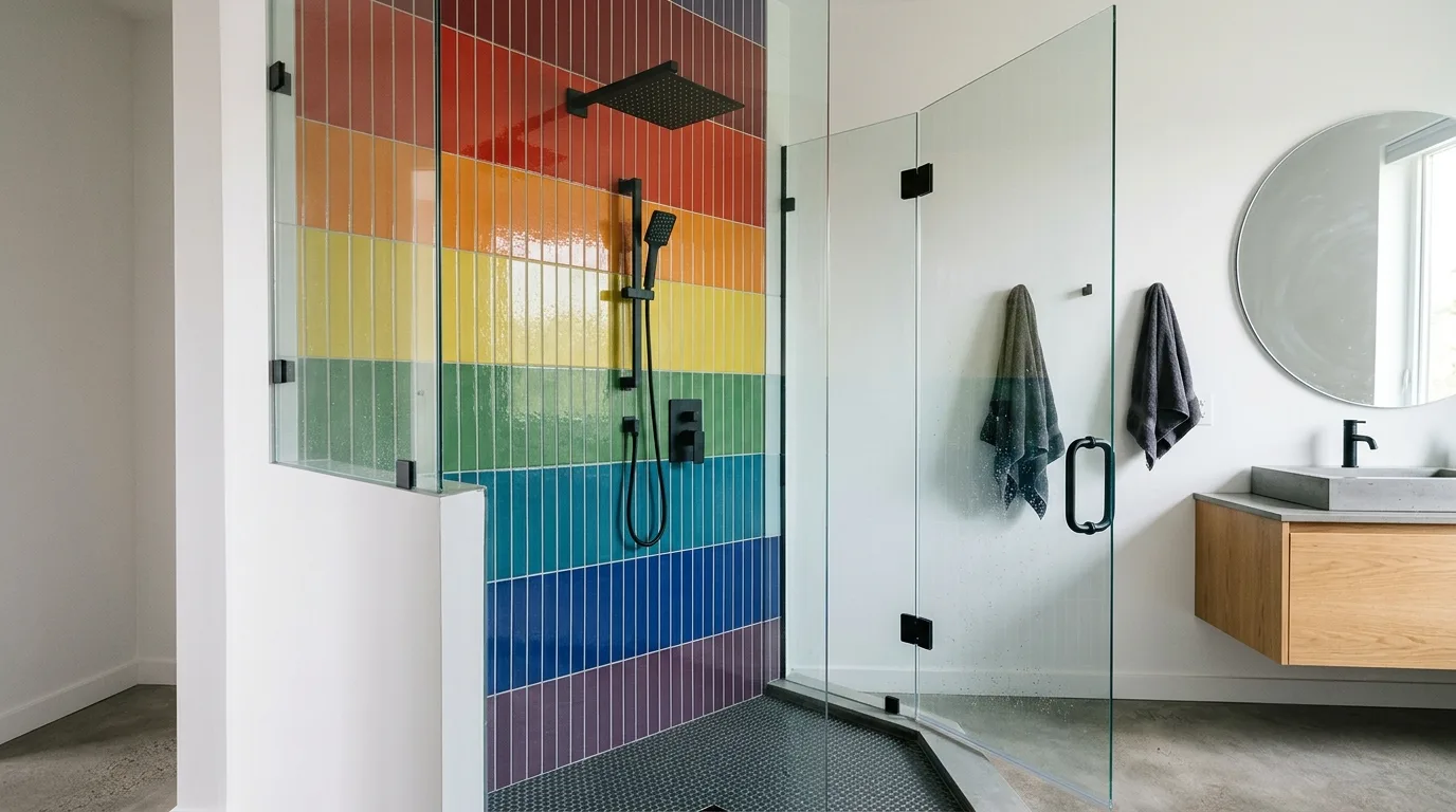Natural texture grounding a rainbow bathroom palette.