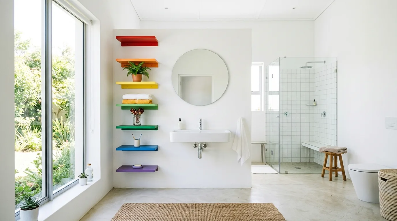 Curated playful accessories in a rainbow bathroom.