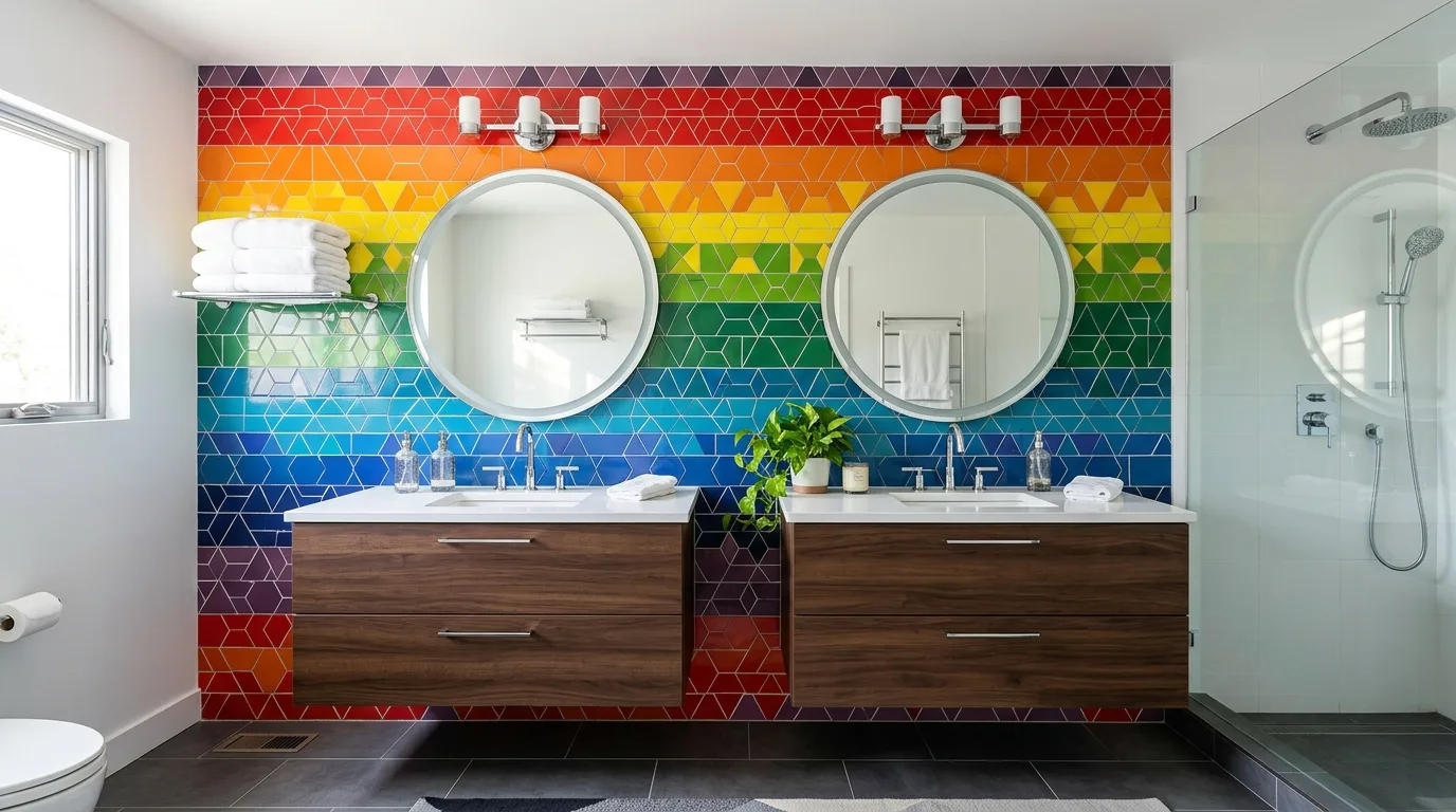 Bathroom designed to feel intentionally happy with rainbow color.