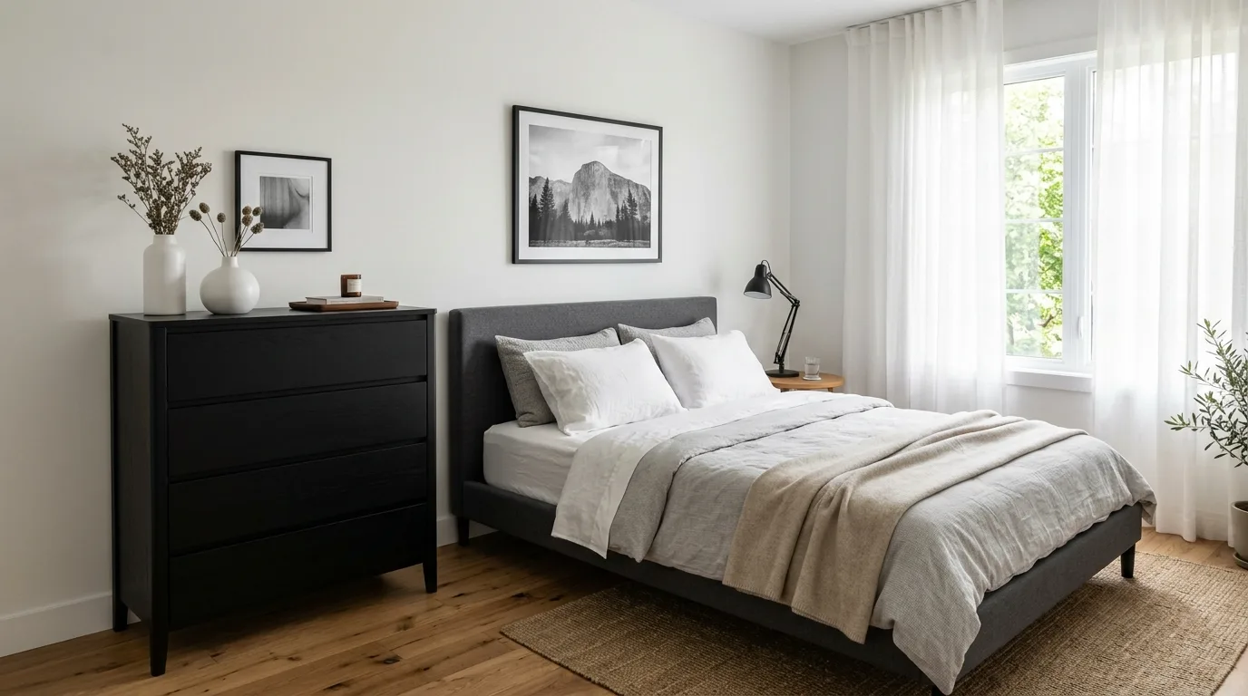Functional black dresser in a streamlined bedroom with balanced stylish storage.