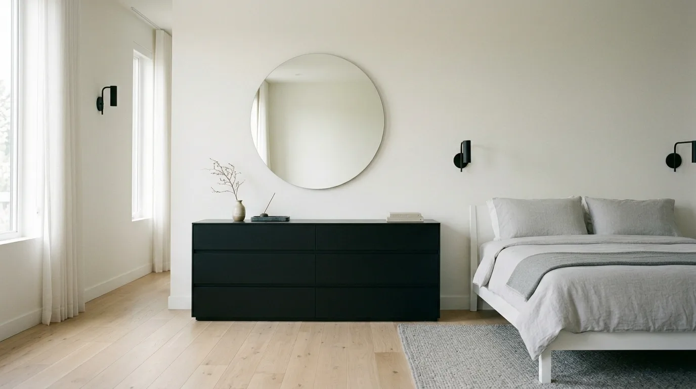 Black dresser with a calm edited top surface in a streamlined bedroom.