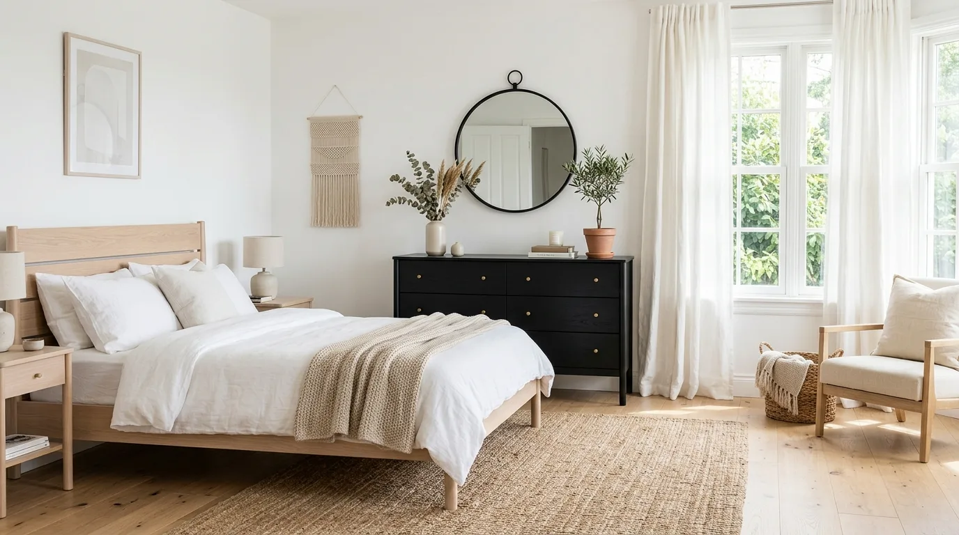 Black dresser paired with warm wood notes in a practical stylish bedroom.