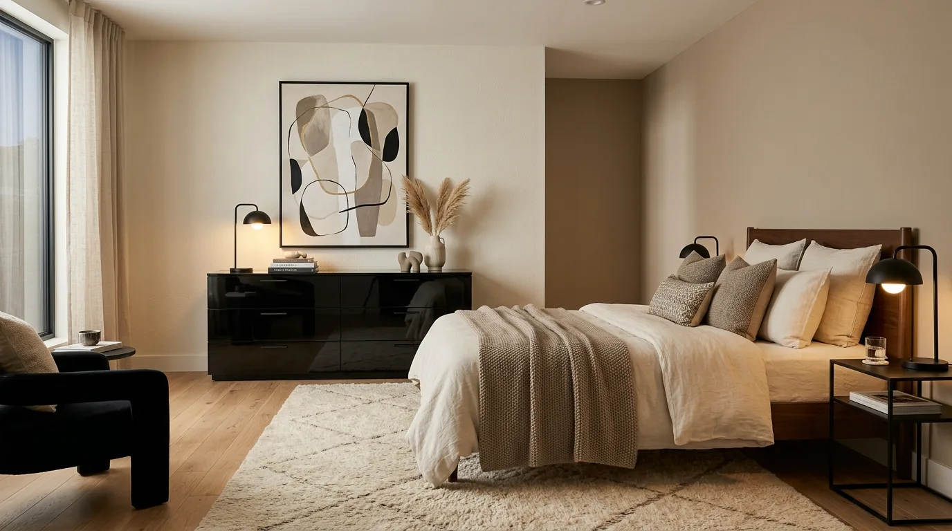 Black dresser beneath a mirror for function and focus in the bedroom.