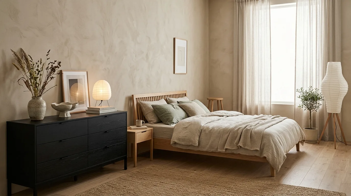 Black dresser with baskets and organized accessories in a calm bedroom.